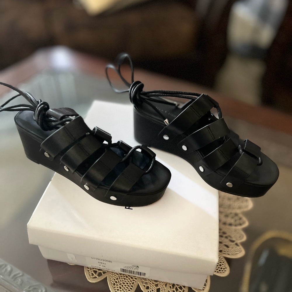 Rebecca Minkoff black leather tie around sandal